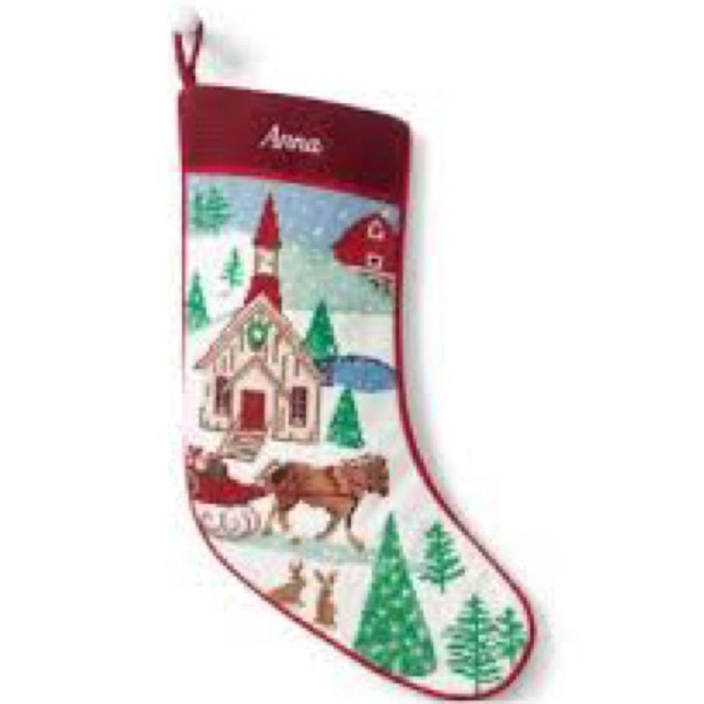 Land's End needlepoint stocking horses bunnies church farm DAISY embroidered